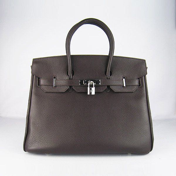 High Quality Fake Hermes 35CM Embossed Veins Leather Bag Dark Coffee 6089 - Click Image to Close